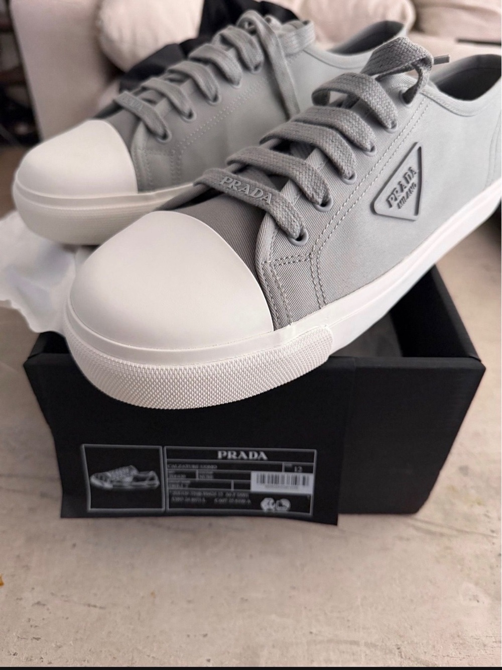 Prada Men’s Light Gray Canvas Low-Top Sneakers with White Toe